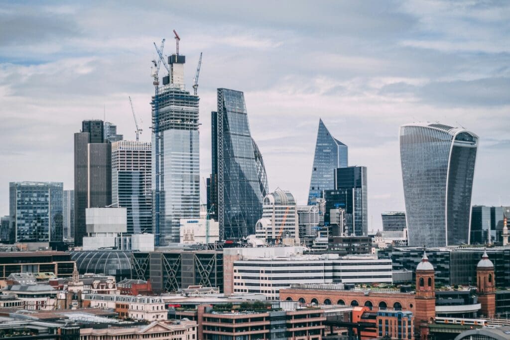 A city landscape with modern architecture buildings.