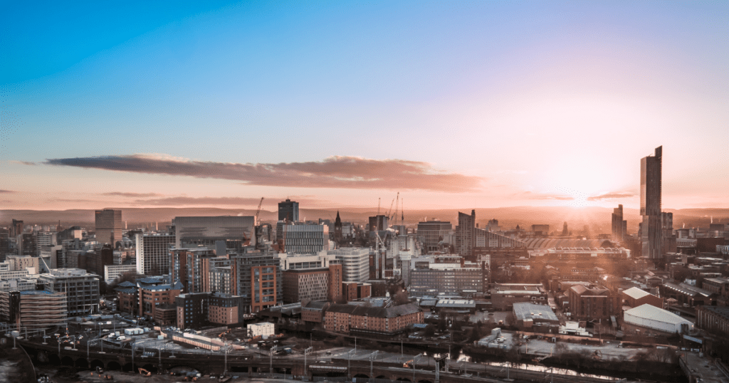 Manchester city centre at sunset.